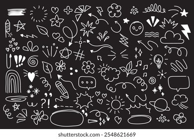 Set of cute pen line doodle element isolated on black background. Hand drawn doodle style collection. Vector illustration