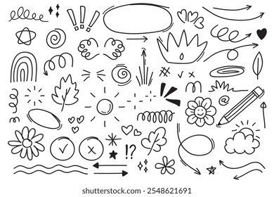 Set of cute pen line doodle element vector. Hand drawn doodle style collection of heart, arrows, scribble, speech bubble, star.Vector illustration 