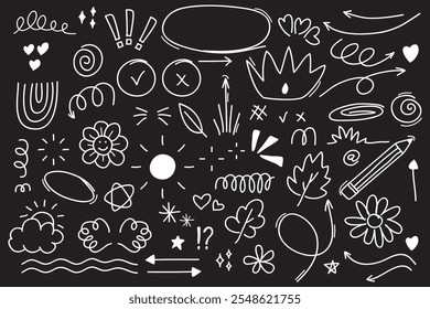 Set of cute pen line doodle element vector isolated on black background. Hand drawn doodle style collection of heart, arrows, scribble, speech bubble, star. Vector illustration