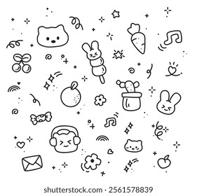 Set of cute pen line doodle element vector. Hand drawn doodle collection of rabbit, cat, stars, sparkle, words, heart, flower, scribble, arrows. Design for print, cartoon, card, decoration, sticker.
