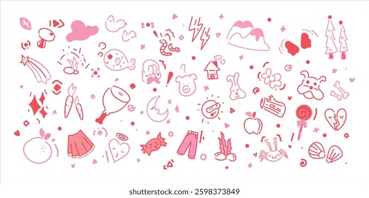 Set of cute pen line doodle element vector. Hand drawn doodle collection of speech bubble, mushroom, apple, french fries, fish, arrow. Design for decoration, sticker, idol poster, social media.