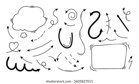 Set of cute pen line doodle element vector. Hand drawn doodle collection of heart, arrows, scribble, speech bubble, star. Design for print, cartoon, card, decoration, sticker.
