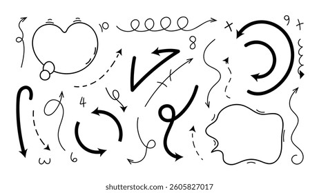 Set of cute pen line doodle element vector. Hand drawn doodle collection of heart, arrows, scribble, speech bubble, star. Design for print, cartoon, card, decoration, sticker.