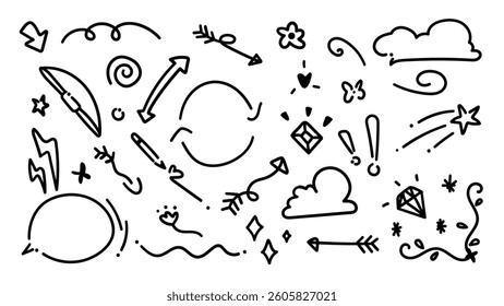 Set of cute pen line doodle element vector. Hand drawn doodle collection of heart, arrows, scribble, speech bubble, star. Design for print, cartoon, card, decoration, sticker.