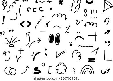 Set of cute pen line doodle element vector. Hand drawn doodle style collection. Designs for print, cartoon, card, decoration, sticker.