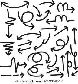 Conjunto de vetor de elemento de doodle de linha de caneta bonito. Coleção de rabiscos desenhados à mão de setas. Design para impressão, desenho animado, cartão, decoração, adesivo.