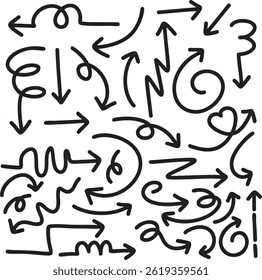 Conjunto de linda línea de pluma doodle elemento Vector. Dibujado a mano doodle colección de flechas. Diseño para impresión, dibujos animados, tarjeta, decoración, pegatina.