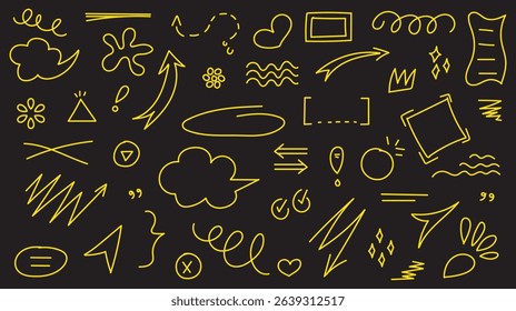 Set of cute pen line doodle element vector. Hand drawn doodle style collection of speech bubble, arrow, firework, star, heart, thunderbolt. Design for decoration, sticker, idol poster, social media.