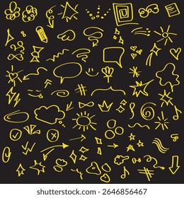 Set of cute pen line doodle element vector. Hand drawn doodle style collection of speech bubble, arrow, firework, star, heart, thunderbolt. Design for decoration, sticker, idol poster, social media.