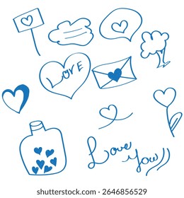 Set of cute pen line doodle element vector. Hand drawn doodle style collection of speech bubble, arrow, firework, star, heart, thunderbolt. Design for decoration, sticker, idol poster, social media.