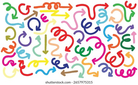 Set of cute pen line doodle element vector. Hand drawn doodle collection of arrows colorful.