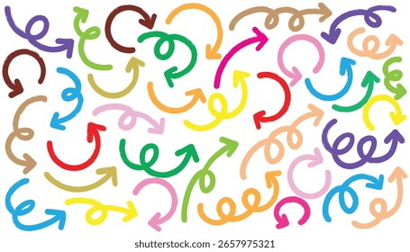 Set of cute pen line doodle element vector. Hand drawn doodle collection of arrows colorful.
