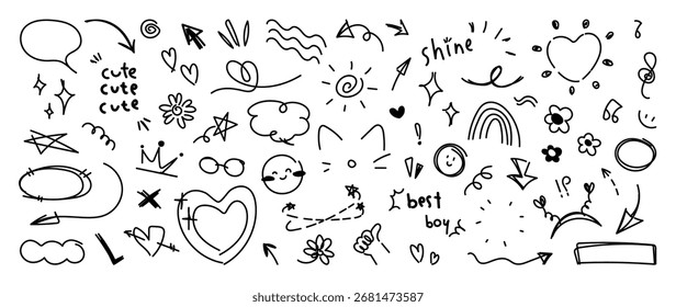 Satz von niedlichen Stift Linie Doodle Element Vektor handgezeichnet