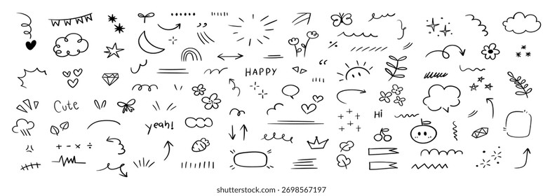 Conjunto de linda línea de pluma doodle elemento Vector dibujado a mano 
