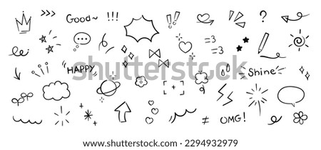 Set of cute pen line doodle element vector. Hand drawn doodle style collection of heart, arrows, scribble, speech bubble, flower, stars, words. Design for print, cartoon, card, decoration, sticker.