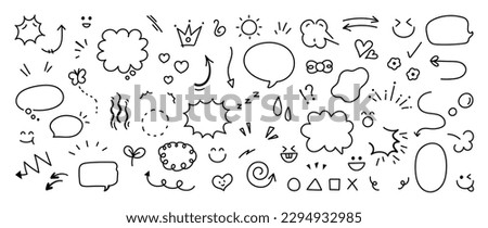 Set of cute pen line doodle element vector. Hand drawn doodle style collection of heart, arrows, scribble, speech bubble, flower, stars, words. Design for print, cartoon, card, decoration, sticker.