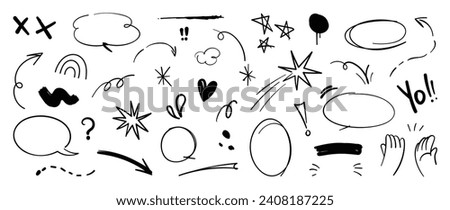 Set of cute pen line doodle element vector. Hand drawn doodle style collection of heart, arrows, scribble, speech bubble, chat, star, marks. Design for print, cartoon, card, decoration, sticker.