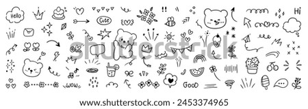 Set of cute pen line doodle element vector. Hand drawn doodle style collection of heart, arrows, scribble, flower, bear, speech bubble. Design for print, cartoon, clipart decoration, sticker.