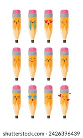 Set of cute pencil emoticons with various expressions. The pencil displays emotions such as happy, sad, angry, surprised, in love and tired, with a fun and colorful cartoon style