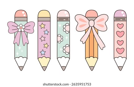 Set with cute pencils clipart, Coquette pencil, groovy school supplies, back to school hand drawn vector illustration in flat style