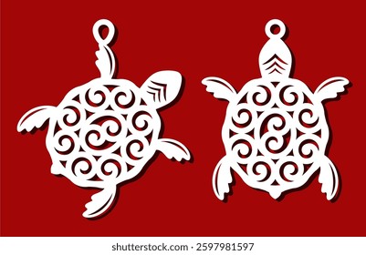 Set of cute pendants. Abstract turtle with lace decorative shell, curls, carved pattern. Template for plotter laser cutting of paper, fretwork, wood carving, metal engraving, cnc. Vector illustration.