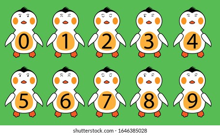 Set of cute penguin animals standing cartoon colored wildlife with numbers on the front 0 - 9. Suitable for logos, elements, mascot, etc.