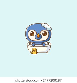 set Cute penguin bathing time in bathtub kawaii chibi character mascot illustration outline style design