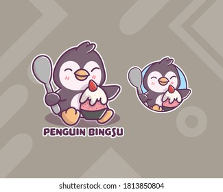 set of cute penguin bingsu logo with optional appearance. premium kawaii vector