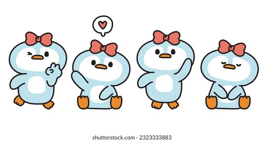 Set of cute penguin with bow in various poses on white background.Bird animal character cartoon design.Isolated.Kawaii.Vector.Illustration.