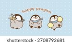 Set of Cute Penguin with Camera, cheering, happy, kawaii animal vector. Illustration.
