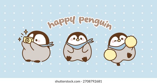 Set of Cute Penguin with Camera, cheering, happy, kawaii animal vector. Illustration.