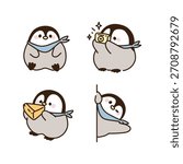 Set of Cute Penguin with Camera, Cheese, happy, kawaii animal vector. Illustration.
