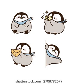 Conjunto de pinguim bonito com câmera, queijo, feliz, vetor animal kawaii. Ilustração.