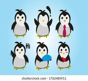 Set of cute penguin cartoon characters in various poses for winter season design. Vector illustration of adorable penguins waving hi, wearing a tie, holding a fish, and showing love. Winter holiday collection for stickers, icons, and greeting cards