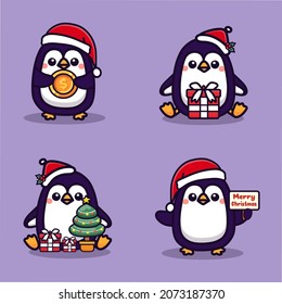 Set of cute penguin celebrating christmas. Kawaii Cartoon vector illustration