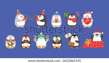 set of cute penguin celebrating christmas with, confetti cannon, holding christmas gift,wreath, holding heart banner, candy cane, lollipop, xmas letter, enjoy hot drink, jump out from box to surprise
