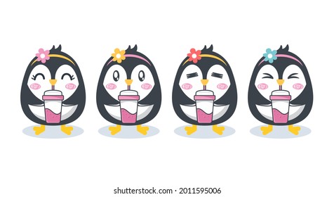 Set of cute penguin character cartoon illustration flat design concept