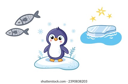 Set of cute penguin character, ice floe, fish.  Wild animal and their homes, favorite food in cartoon style. Children design vector element  for activity books.