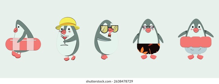 Set of cute penguin character illustrations in minimalist style enjoying summer vacation.