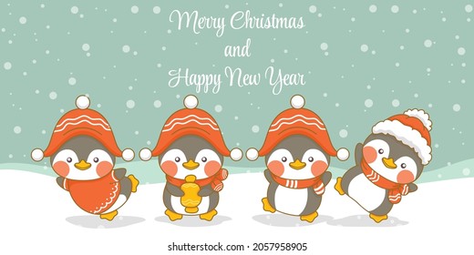 set of cute penguin with christmas and new year greeting banner