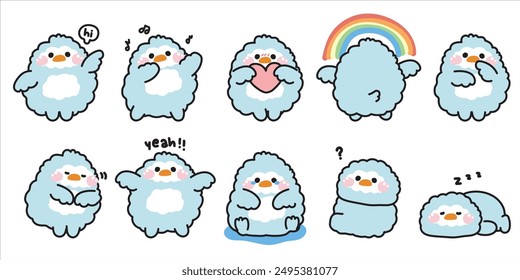 Set of cute penguin doll in various poses and feeling.Emotional.Greeting,sad,thank you,dancing,rainbow.Bird animal character cartoon design.Image for card,poster,baby product.Kawaii.Vector.