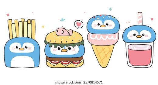 Set of cute penguin face head in food concept.Fastfood.Hamburger,fresh fried,ice cream,drink.Polar bird animal character cartoon.Kawaii.Vector.Illustration.