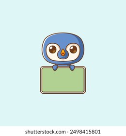 set Cute penguin hold blank space board banner kawaii chibi character mascot illustration outline style