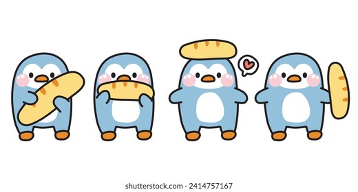 Set of cute penguin hold bread stand on white background.Bird animal character cartoon deign.Kid graphic collection.Breakfast.Food.Kawaii.Vector.Illustration.