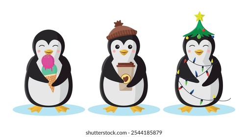 Set of cute penguin icons. Penguin with ice cream, with coffee and in the form of a Christmas tree.