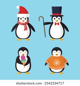 Set of cute penguin icons on blue background.