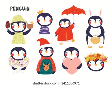 Set of cute penguin illustrations, princess, with flowers, Christmas, autumn, summer. Isolated objects on white background. Hand drawn vector. Scandinavian style flat design. Concept children print.
