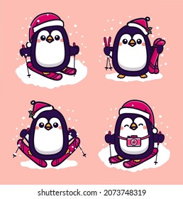 Set of cute penguin skiing in cold winter. Kawaii Cartoon vector illustration