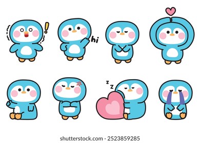 Conjunto de pinguim bonito em vários sentimentos e poses.Emotional.Bird desenho animado personagem animal.Image para cartão,adesivo,decorado,bebê product.Kawaii.Vetor.Illustration.