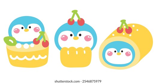 Set of cute penguin in various menu bakery.Pastel.Face.Head.Cake cherry,cupcake,roll cake.Polar bird animal character cartoon design.Kawaii.Vector.Illustration